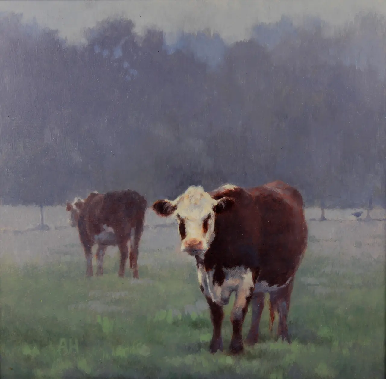 Ann Heat - two cows and a pheasant in the morning